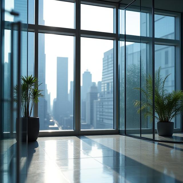 Modern glass office in Brooklyn overlooking New York city skyline