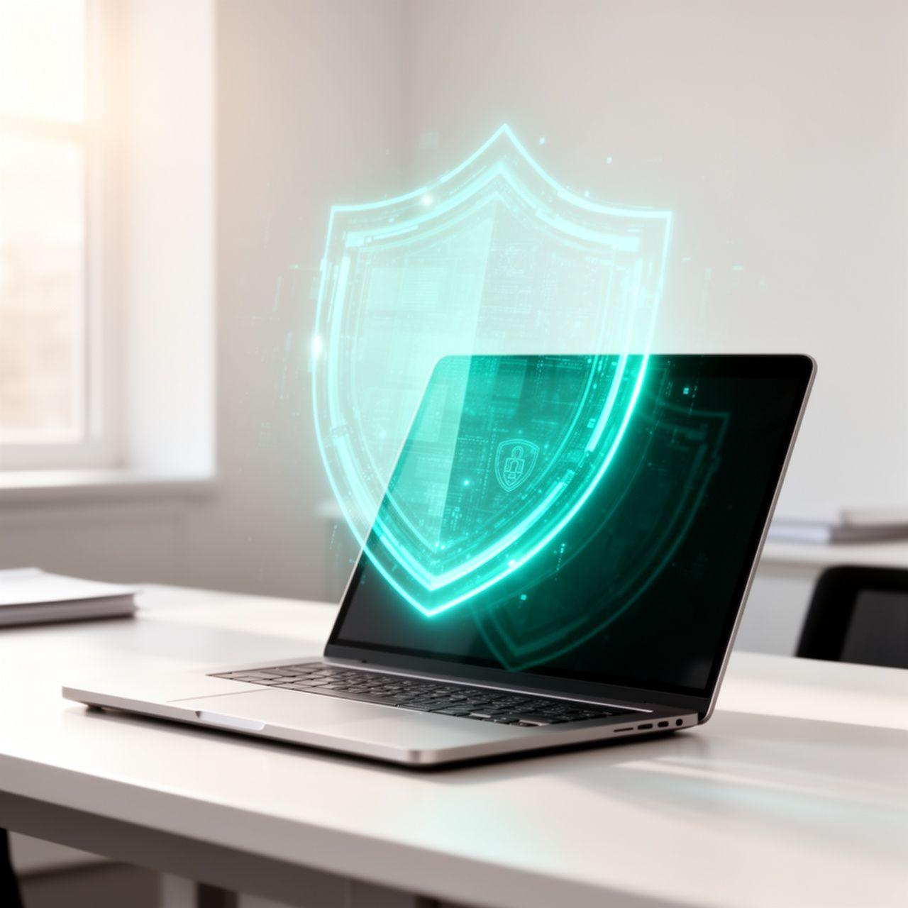 Advanced Digital Security Shield Overlaying a Computer